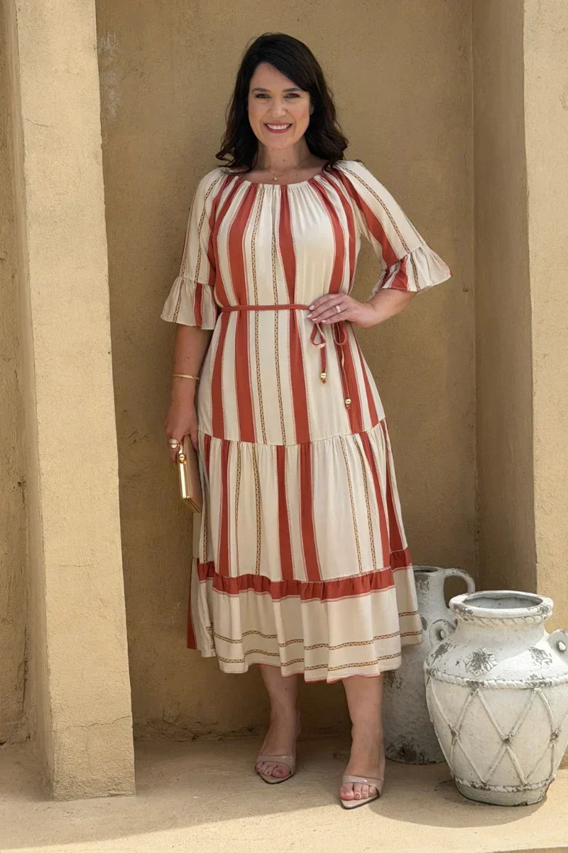 Vestido Marina Listrado Nude em Viscose