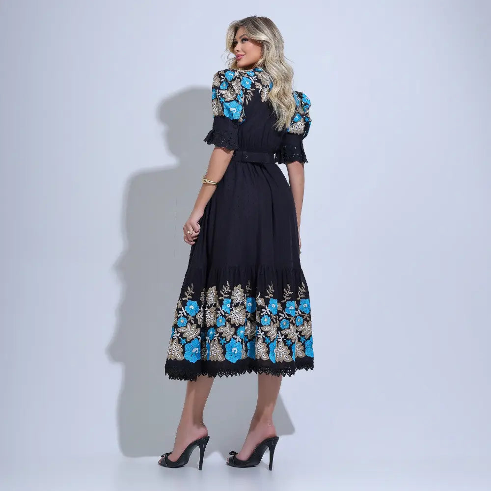 Vestido Feminino Midi Bordado Preto Aurora - FL34