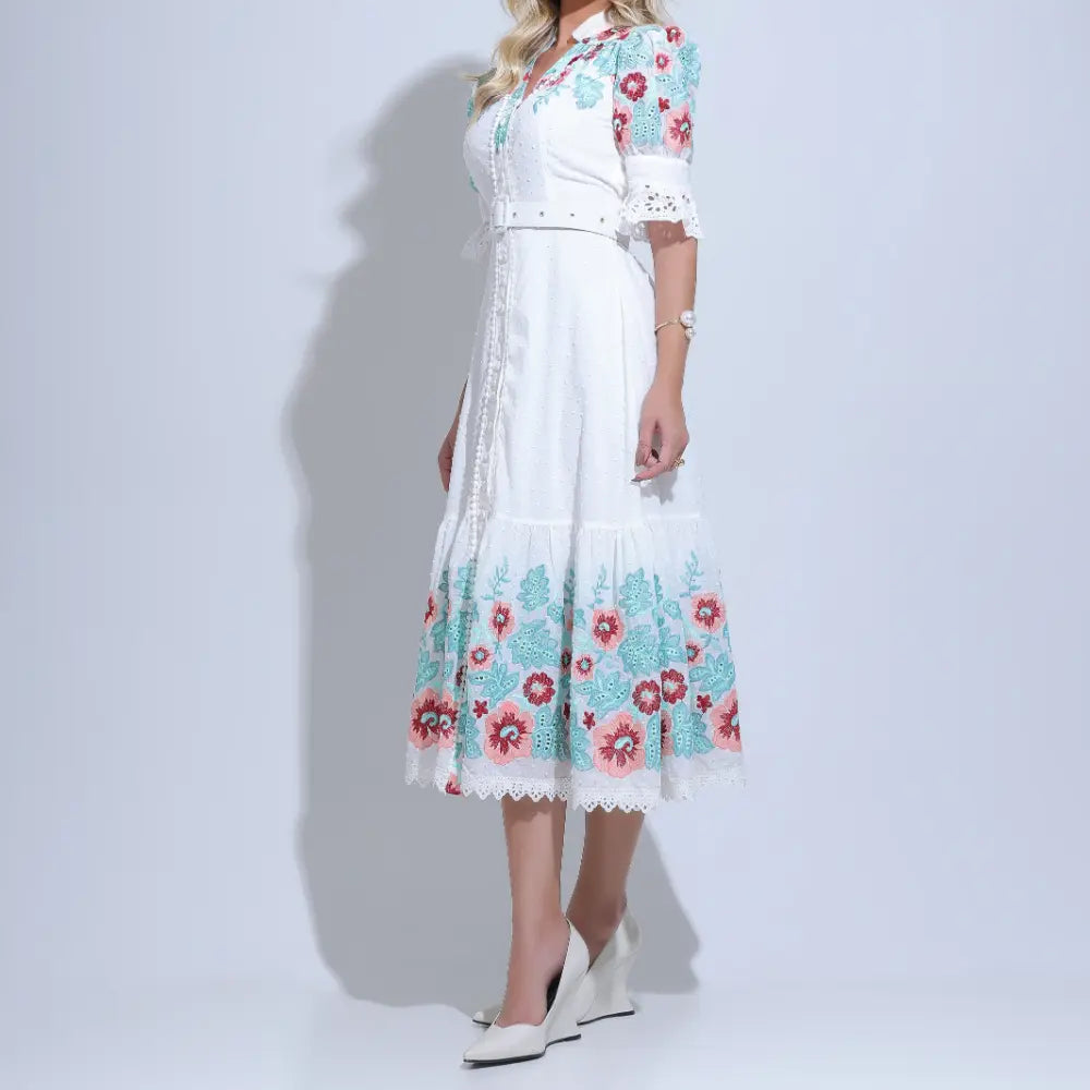 Vestido Feminino Midi Branco Bordado Aurora - FL21