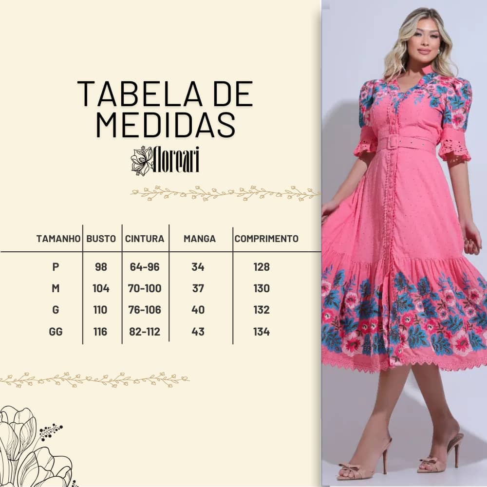 Vestido Feminino Rosa Midi Bordado Aurora - FL32