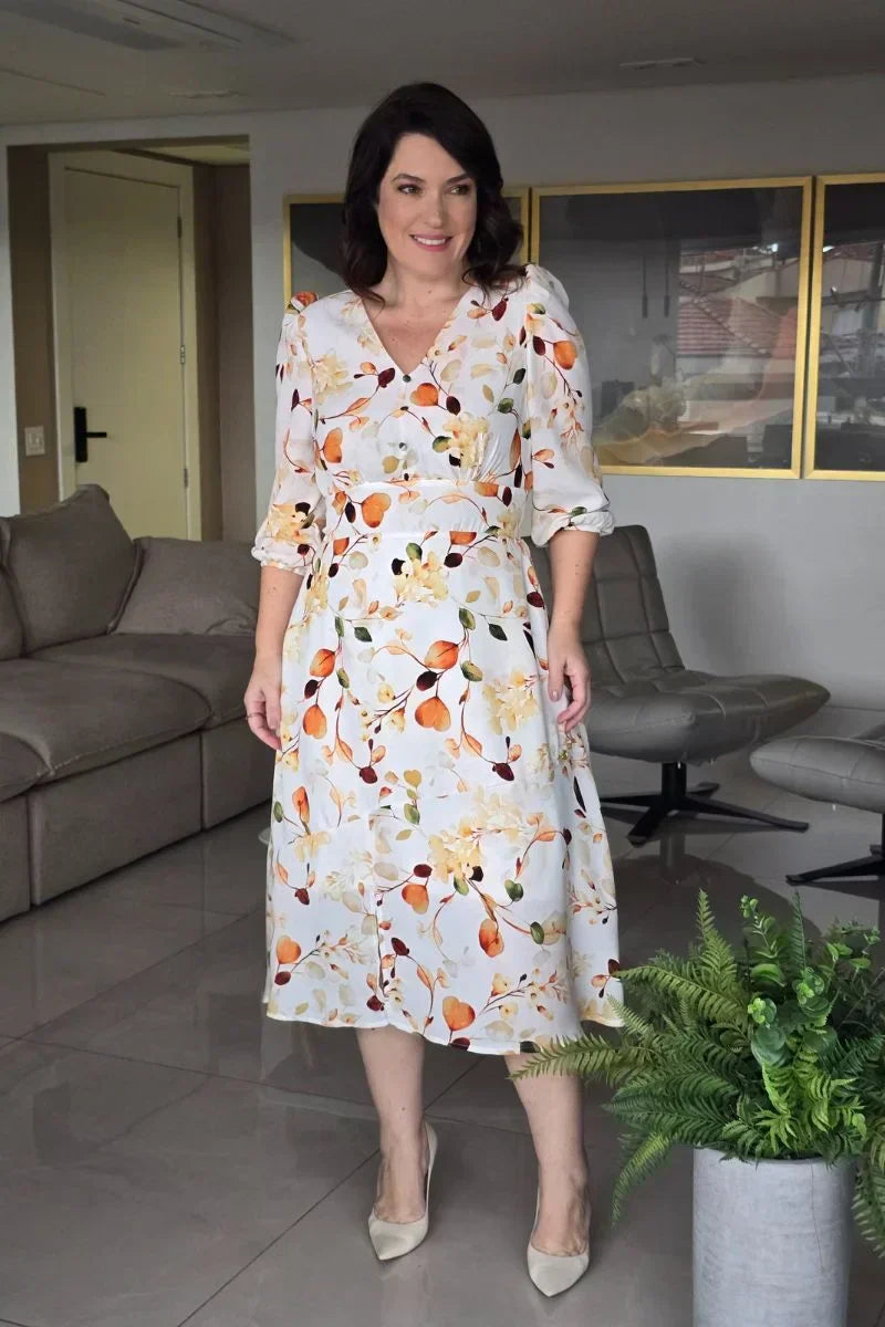 Vestido Milena Off White em Crepe Georgette